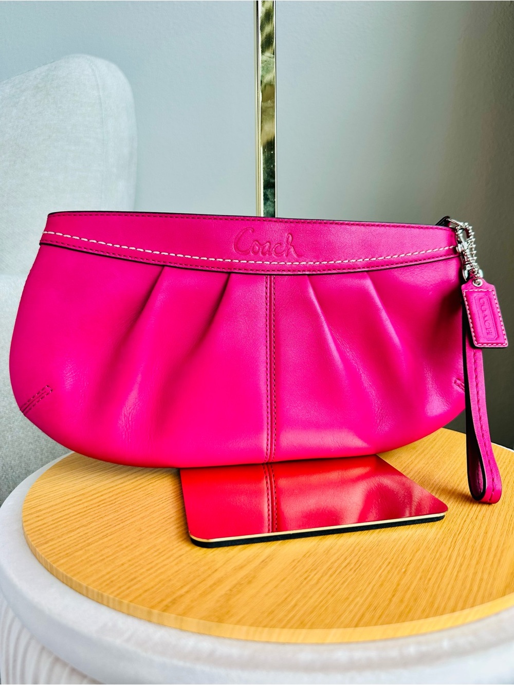 Coach Pink Leather Pleated Wristlet Clutch F13734 Hot Pink Fuchsia Zip Pouch